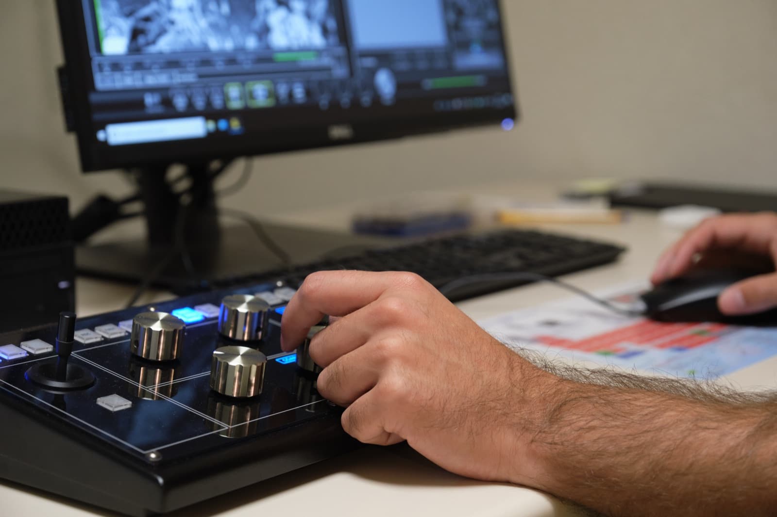 Scientifique en blouse opérant un microscope électronique à balayage en laboratoire