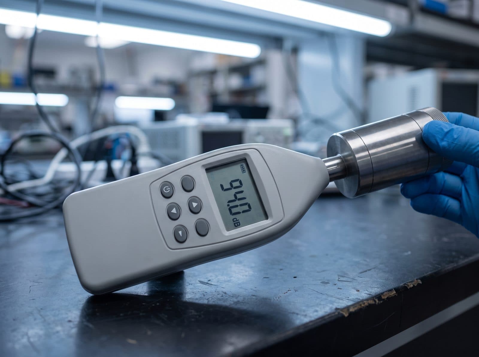 Calibreur acoustique couplé sur le microphone d'un sonomètre affichant 94,0 dB