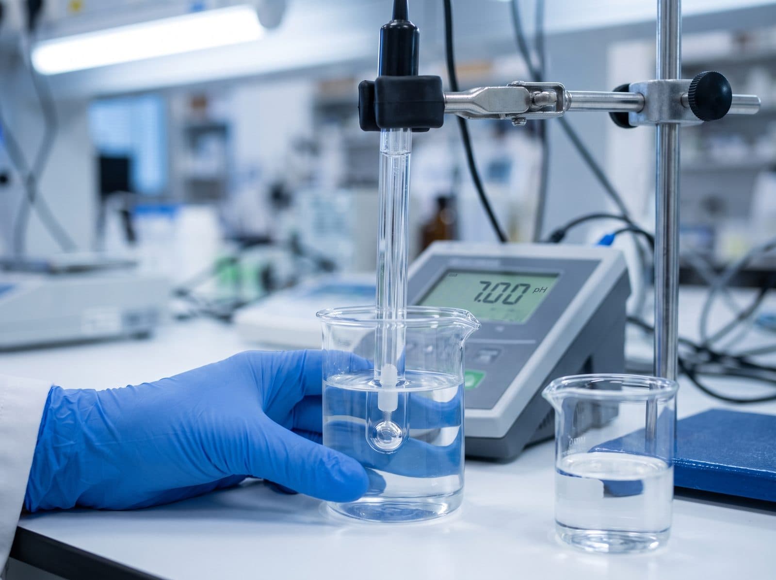 Électrode de pH plongée dans une solution tampon, raccordée à un pH-mètre de laboratoire
