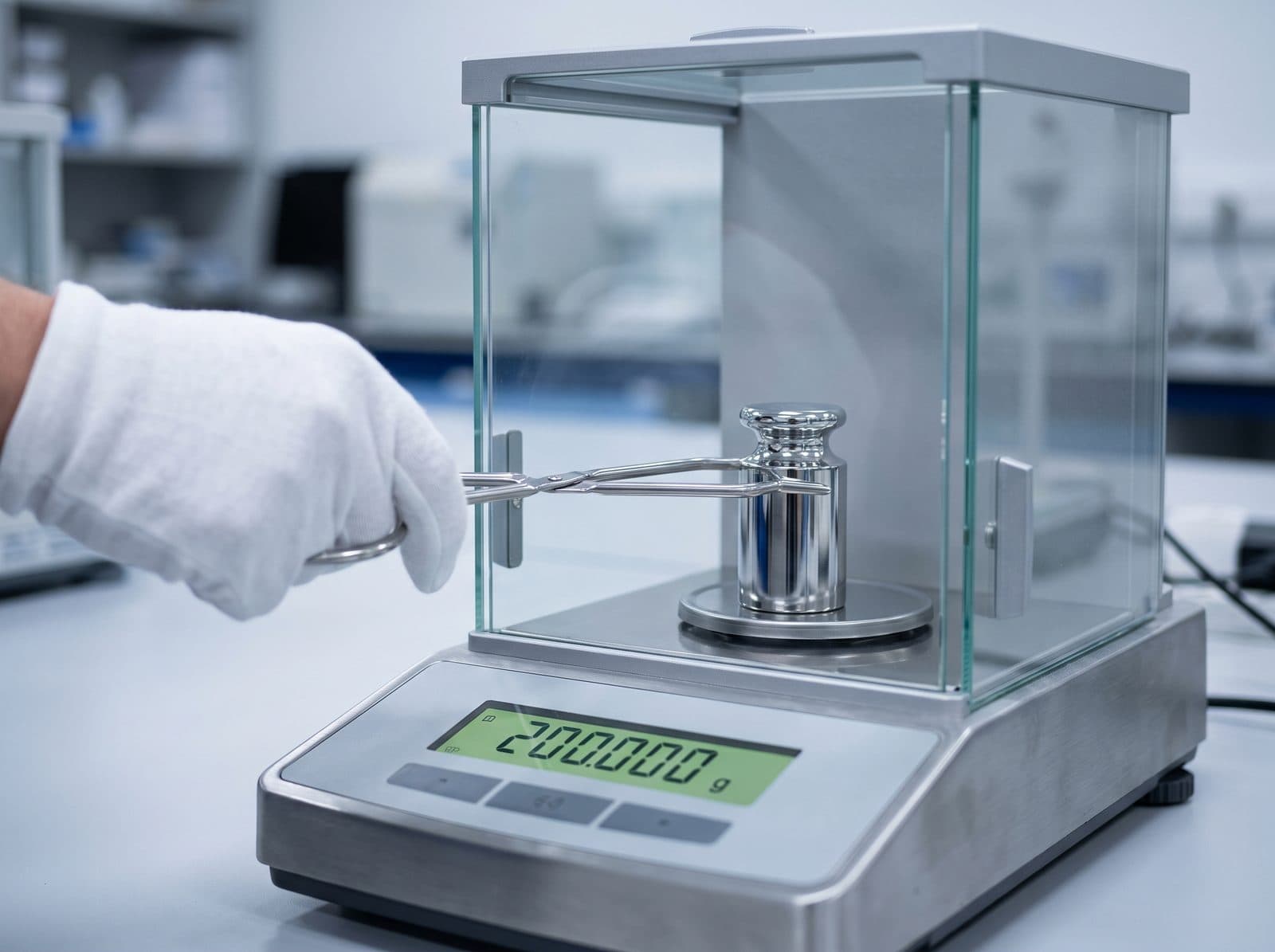 Poids étalon en acier inoxydable posé à la pince sur le plateau d'une balance de précision