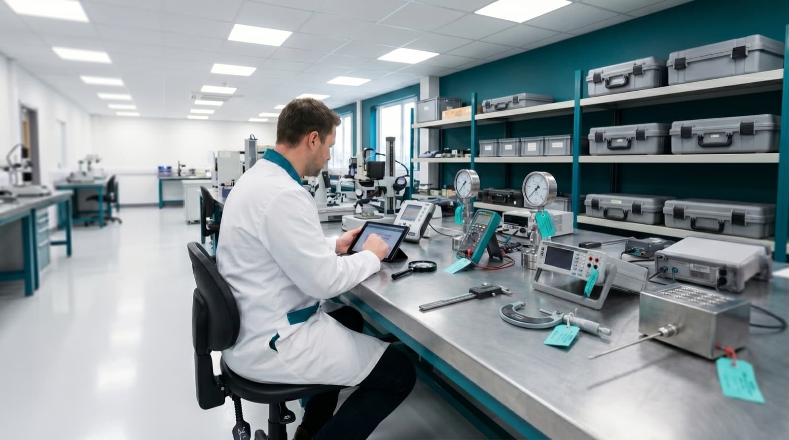 Technicien Menova au banc d'étalonnage en laboratoire