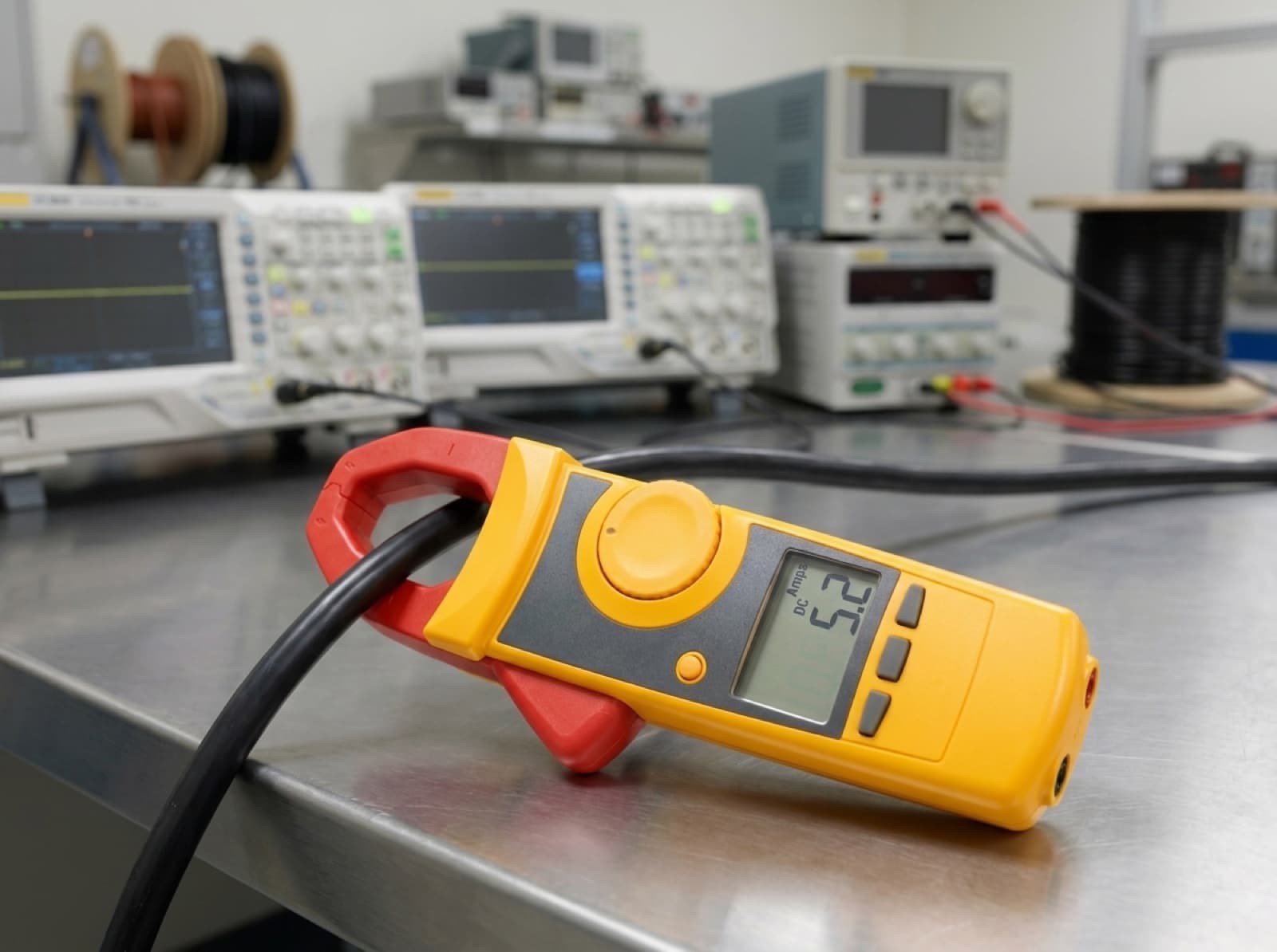 Pince ampèremétrique mesurant le courant sur un câble, en laboratoire de métrologie