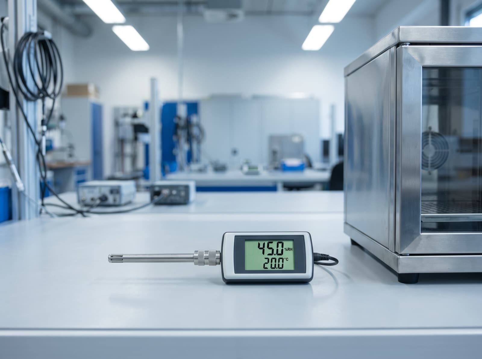 Thermo-hygromètre de référence affichant 45 % HR devant une enceinte climatique